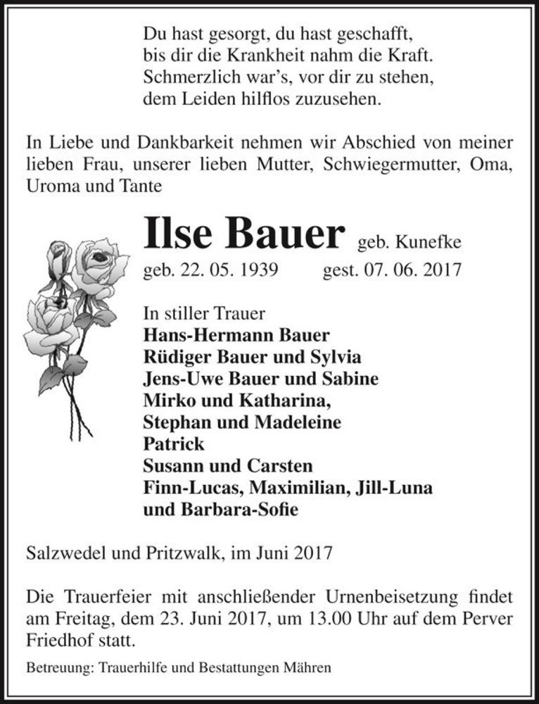  Traueranzeige für Ilse Bauer (geb. Kunefke)  vom 09.06.2017 aus Magdeburger Volksstimme