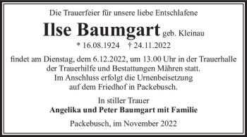Traueranzeige von Ilse Baumgart (geb. Kleinau)  von Magdeburger Volksstimme
