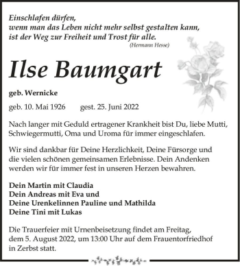 Traueranzeige von Ilse Baumgart (geb. Wernicke)  von Magdeburger Volksstimme