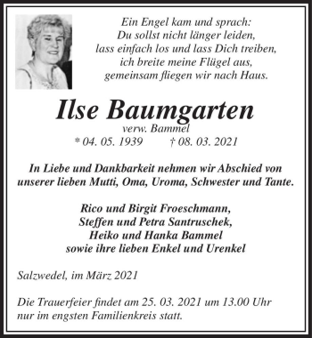 Traueranzeige von Ilse Baumgarten (geb. Bammel)  von Magdeburger Volksstimme
