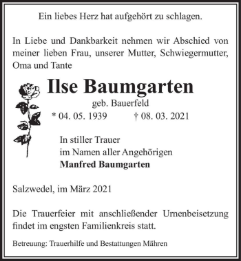 Traueranzeige von Ilse Baumgarten (geb. Bauerfeld)  von Magdeburger Volksstimme