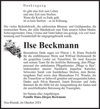 Traueranzeige von Ilse Beckmann  von Magdeburger Volksstimme