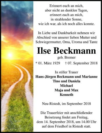 Traueranzeige von Ilse Beckmann (geb. Bremer)  von Magdeburger Volksstimme
