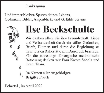 Traueranzeige von Ilse Beckschulte  von Magdeburger Volksstimme