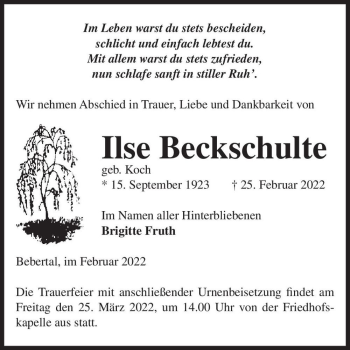 Traueranzeige von Ilse Beckschulte (geb. Koch)  von Magdeburger Volksstimme