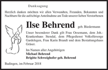 Traueranzeige von Ilse Behrend (geb. Biedermann)  von Magdeburger Volksstimme