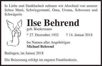 Traueranzeige von Ilse Behrend (geb. Biedermann)  von Magdeburger Volksstimme