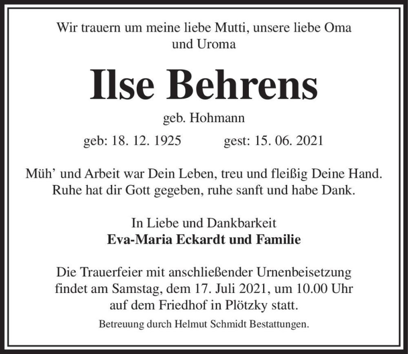  Traueranzeige für Ilse Behrens (geb. Hohmann)  vom 19.06.2021 aus Magdeburger Volksstimme