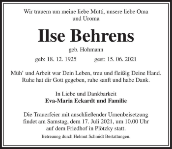 Traueranzeige von Ilse Behrens (geb. Hohmann)  von Magdeburger Volksstimme