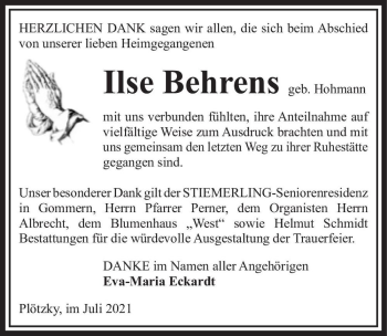 Traueranzeige von Ilse Behrens (geb. Hohmann)  von Magdeburger Volksstimme
