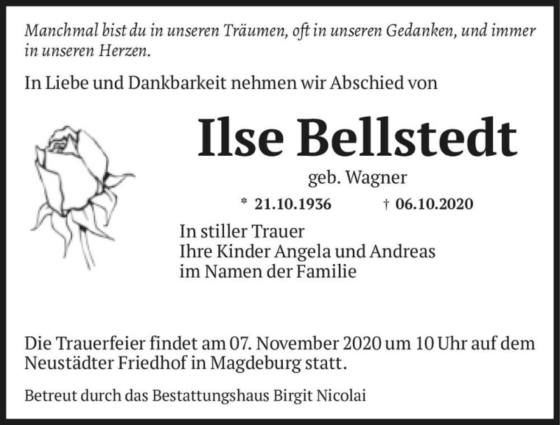  Traueranzeige für Ilse Bellstedt (geb. Wagner)  vom 24.10.2020 aus Magdeburger Volksstimme