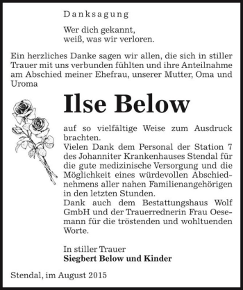 Traueranzeige von Ilse Below  von Magdeburger Volksstimme
