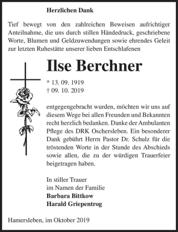 Traueranzeige von Ilse Berchner  von Magdeburger Volksstimme
