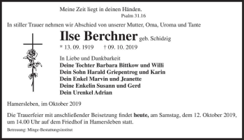 Traueranzeige von Ilse Berchner (geb. Schidzig)  von Magdeburger Volksstimme