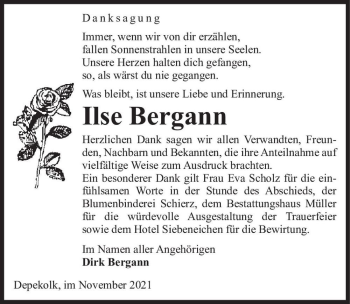 Traueranzeige von Ilse Bergann  von Magdeburger Volksstimme