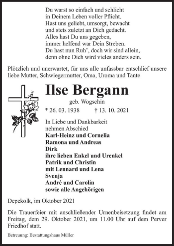Traueranzeige von Ilse Bergann (geb. Wogschin)  von Magdeburger Volksstimme