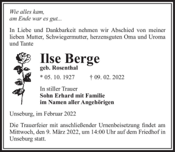 Traueranzeige von Ilse Berge (geb. Rosenthal)  von Magdeburger Volksstimme