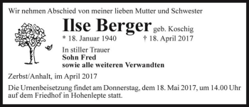Traueranzeige von Ilse Berger (geb. Koschig)  von Magdeburger Volksstimme
