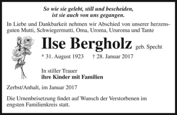 Traueranzeige von Ilse Bergholz (geb. Specht)  von Magdeburger Volksstimme