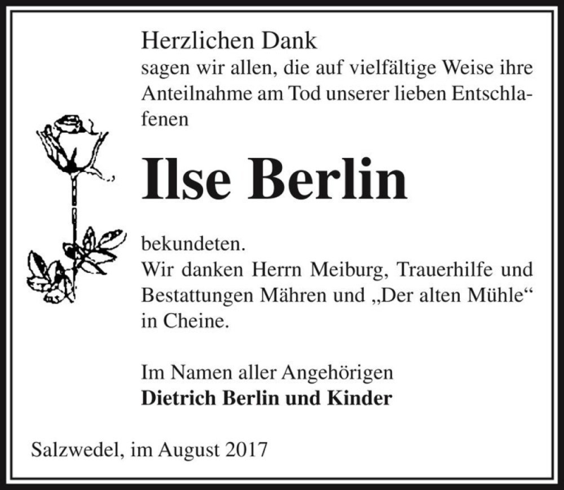  Traueranzeige für Ilse Berlin  vom 19.08.2017 aus Magdeburger Volksstimme