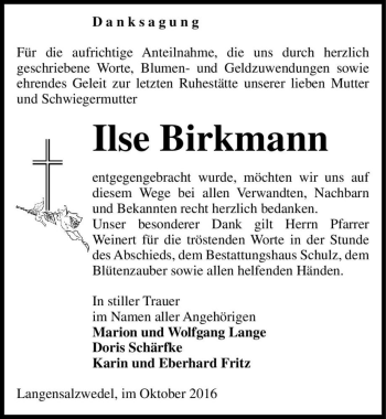 Traueranzeige von Ilse Birkmann  von Magdeburger Volksstimme