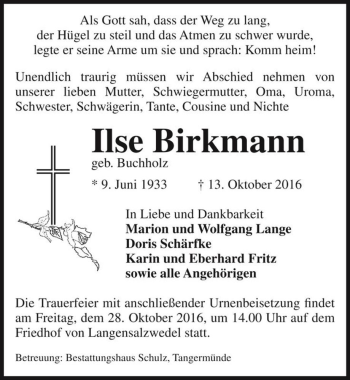 Traueranzeige von Ilse Birkmann (geb. Buchholz)  von Magdeburger Volksstimme