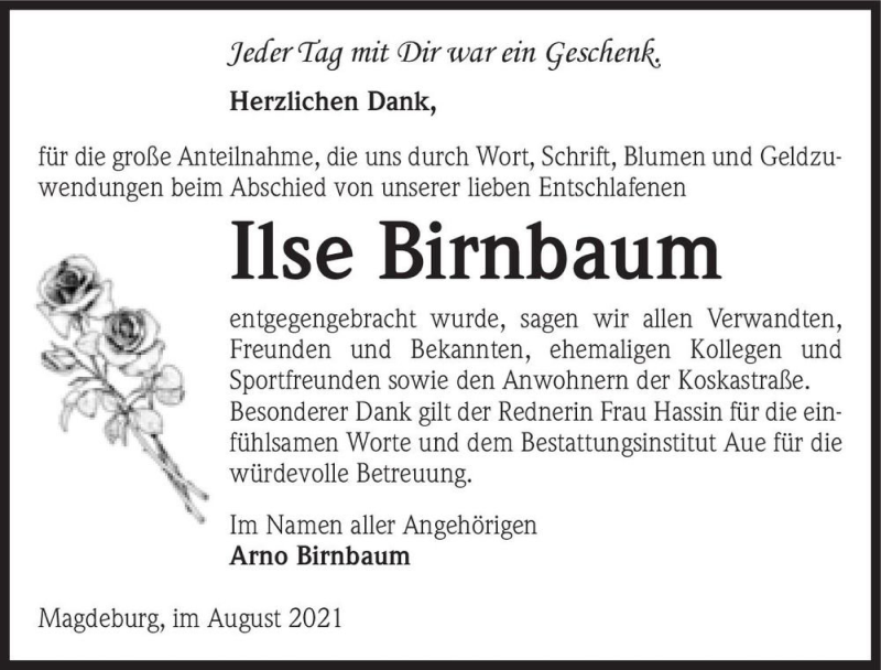  Traueranzeige für Ilse Birnbaum  vom 14.08.2021 aus Magdeburger Volksstimme