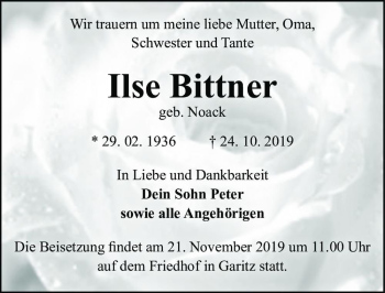 Traueranzeige von Ilse Bittner (geb. Noack)  von Magdeburger Volksstimme