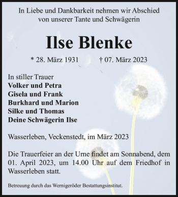 Traueranzeige von Ilse Blenke  von Magdeburger Volksstimme