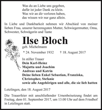 Traueranzeige von Ilse Bloch (geb. Michelmann)  von Magdeburger Volksstimme
