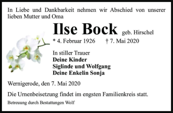 Traueranzeige von Ilse Bock (geb. Hirschel)  von Magdeburger Volksstimme