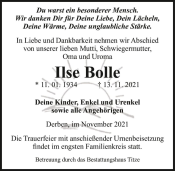 Traueranzeige von Ilse Bolle  von Magdeburger Volksstimme