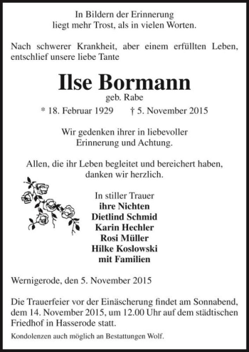 Traueranzeige von Ilse Bormann (geb. Rabe)  von Magdeburger Volksstimme