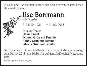Traueranzeige von Ilse Borrmann (geb. Vogeley)  von Magdeburger Volksstimme