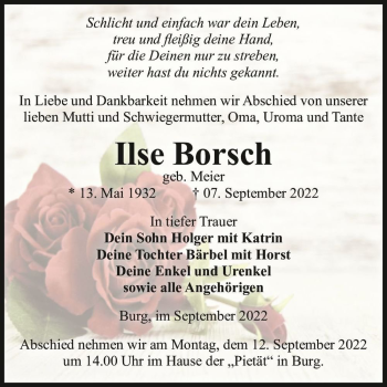 Traueranzeige von Ilse Borsch (geb. Meier)  von Magdeburger Volksstimme
