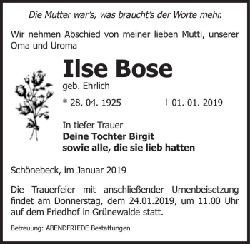 Traueranzeige von Ilse Bose (geb. Ehrlich)  von Magdeburger Volksstimme