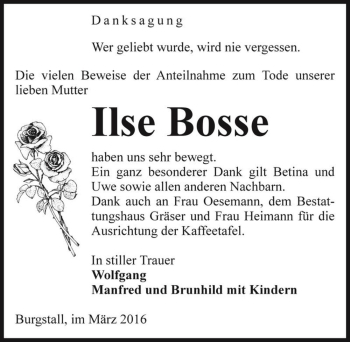 Traueranzeige von Ilse Bosse  von Magdeburger Volksstimme