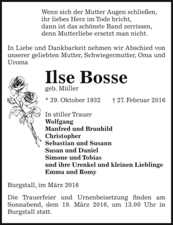 Traueranzeige von Ilse Bosse (geb. Müller)  von Magdeburger Volksstimme