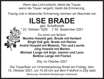 Traueranzeige von Ilse Brade (geb. Schaffranek)  von Magdeburger Volksstimme