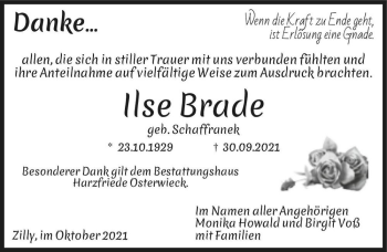 Traueranzeige von Ilse Brade (geb. Schaffranek)  von Magdeburger Volksstimme