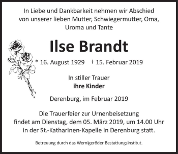 Traueranzeige von Ilse Brandt  von Magdeburger Volksstimme