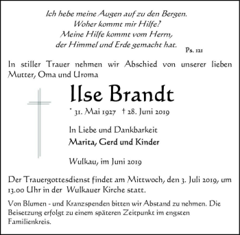 Traueranzeige von Ilse Brandt  von Magdeburger Volksstimme