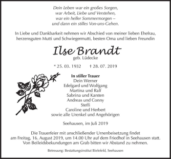 Traueranzeige von Ilse Brandt (geb. Lüdecke)  von Magdeburger Volksstimme