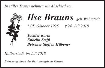 Traueranzeige von Ilse Brauns (geb. Wehrstedt)  von Magdeburger Volksstimme