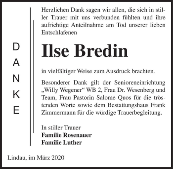 Traueranzeige von Ilse Bredin  von Magdeburger Volksstimme