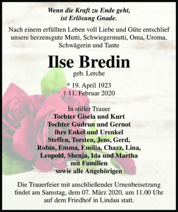 Traueranzeige von Ilse Bredin (geb. Lerche)  von Magdeburger Volksstimme