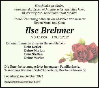 Traueranzeige von Ilse Brehmer  von Magdeburger Volksstimme