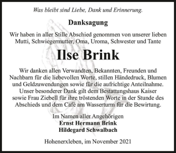 Traueranzeige von Ilse Brink  von Magdeburger Volksstimme