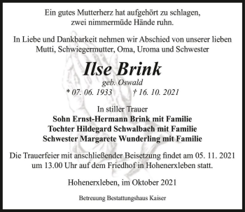 Traueranzeige von Ilse Brink (geb. Oswald)  von Magdeburger Volksstimme