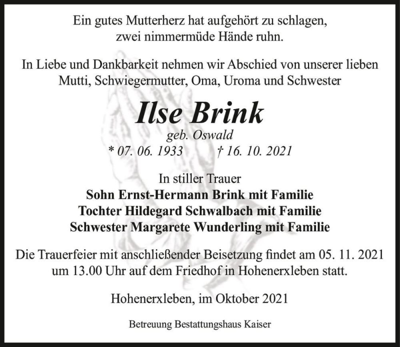  Traueranzeige für Ilse Brink (geb. Oswald)  vom 23.10.2021 aus Magdeburger Volksstimme